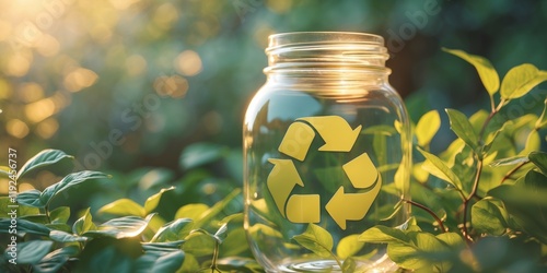 A clear glass jar with a recycling symbol and surrounded by greenery and bathed in warm sunlight photo