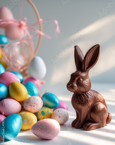 Colorful Candy Eggs and a Chocolate Bunny Arranged for a Festive Celebration photo