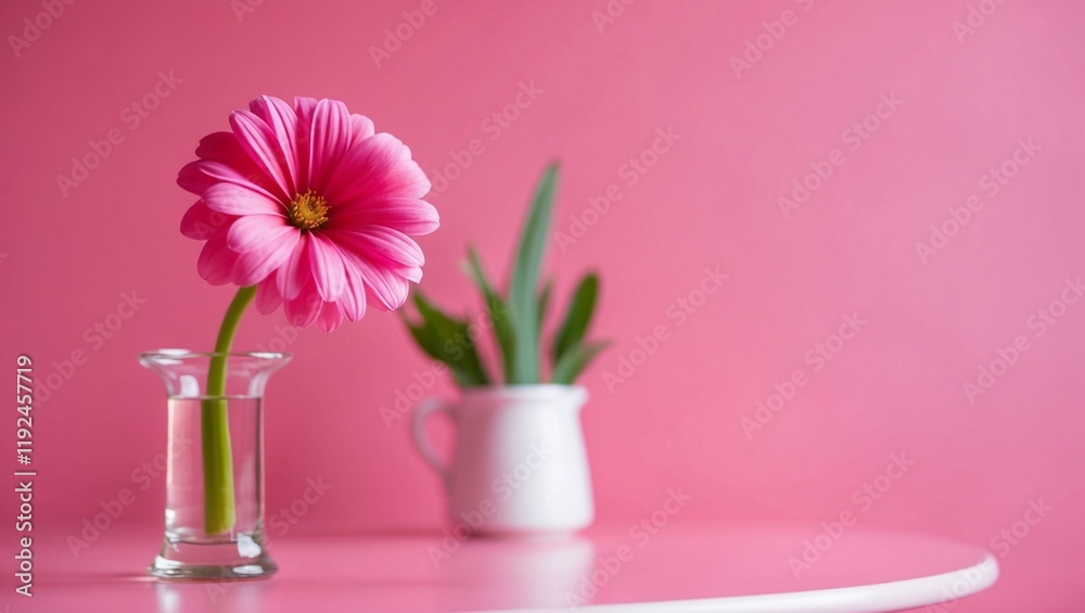 a single pink flower is in a vase on a table with a pink background and a green stem is in the foreground of the picture, and a pink wall is behind. a single pink flower is in a vase on a table with a pink background and a green stem is in the foreground of the picture, and a pink wall is behind.