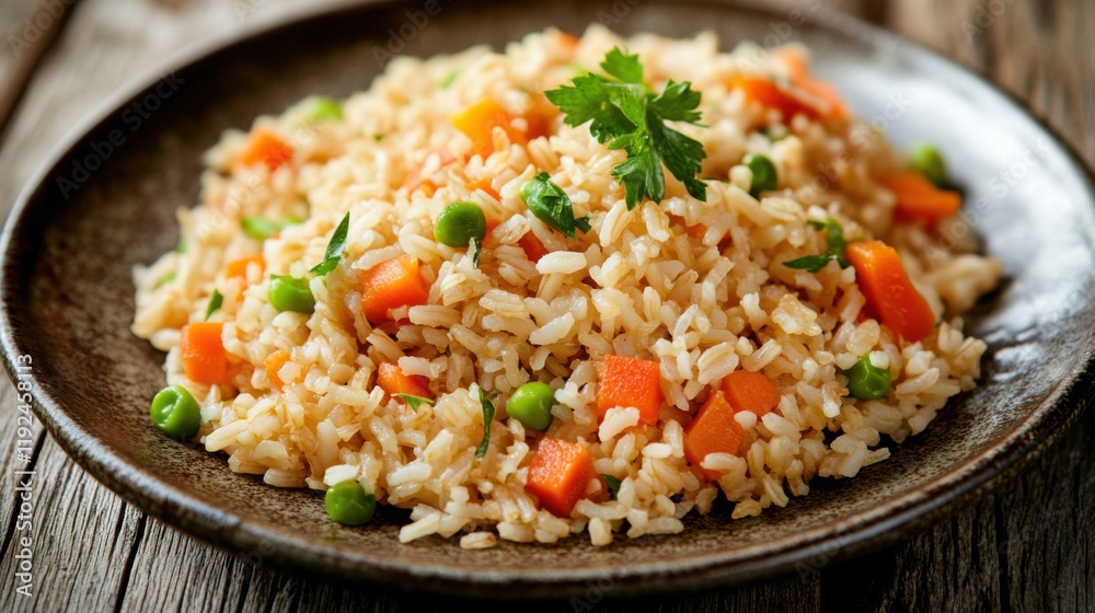 Brown rice with vegetables on a rustic ceramic plate, emphasizing wholesome and hearty appearance. Ideal for healthy meal plans and recipe sharing. Brown rice with vegetables on a rustic ceramic plate, emphasizing wholesome and hearty appearance. Ideal for healthy meal plans and recipe sharing.