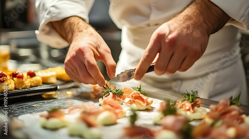 Chef Carefully Preparing Gourmet Appetizers With Herbs