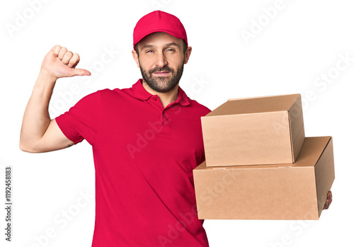 Hispanic male courier with boxes feels proud and self confident, example to follow. photo