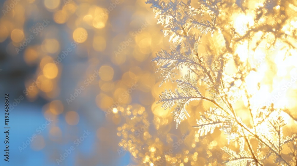 Fototapeta premium Golden glow intricate snowflake on frosted glass