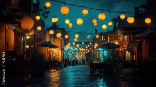 Enchanted Night Street: A mesmerizing view of a lantern-lit street, creating a magical atmosphere. photo
