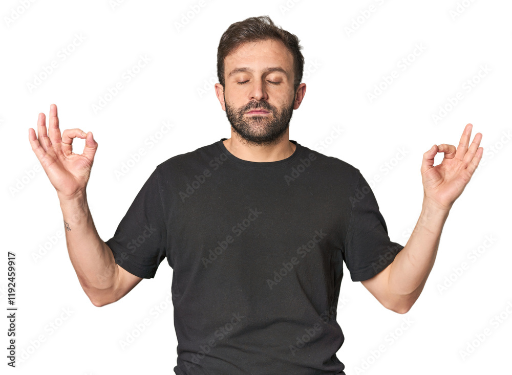 Fototapeta premium Studio portrait of young Hispanic male relaxes after hard working day, she is performing yoga.