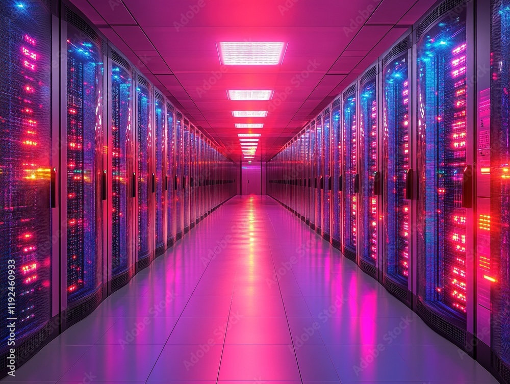Glowing server room corridor with data processing equipment