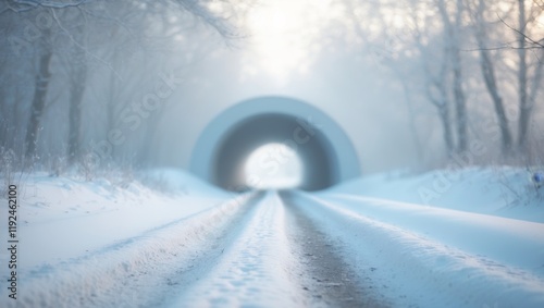 A snow covered path with a tunnel in the middle photo