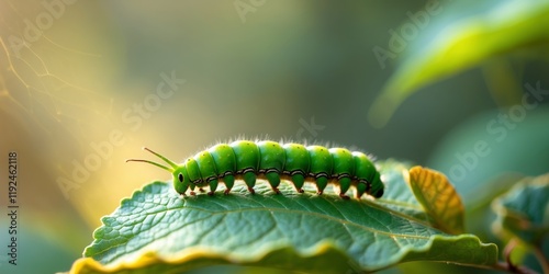 Magnificent Green Caterpillar Crawling on Lush Green Leaf in a Vibrant Natural Habitat photo