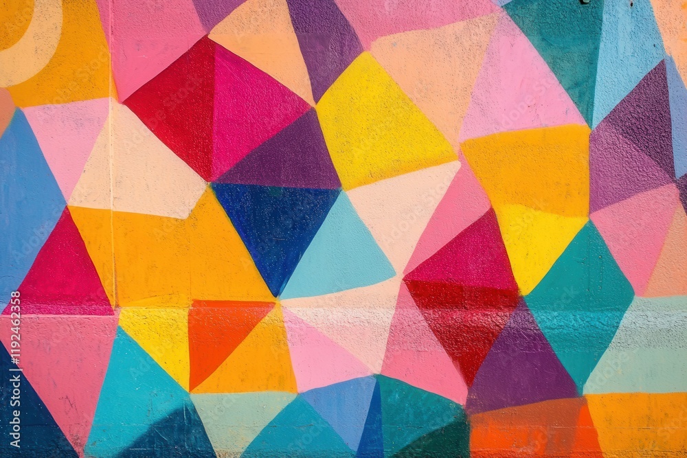 Vibrant Geometric Painted Wall with Abstract Colorful Triangles and Shapes. Vibrant Geometric Painted Wall with Abstract Colorful Triangles and Shapes.