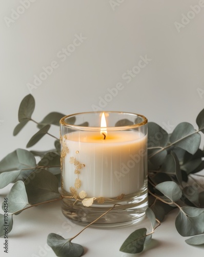 Luxury Scented Candle in Elegant Glass Jar with Gold Accents Soft Glow and Eucalyptus Leaves for Sophistication photo