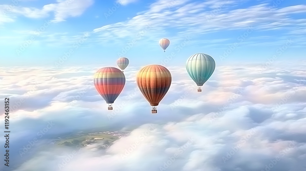 Fototapeta premium Playful and Clean Hot Air Balloons in a Blue Sky Over Clouds