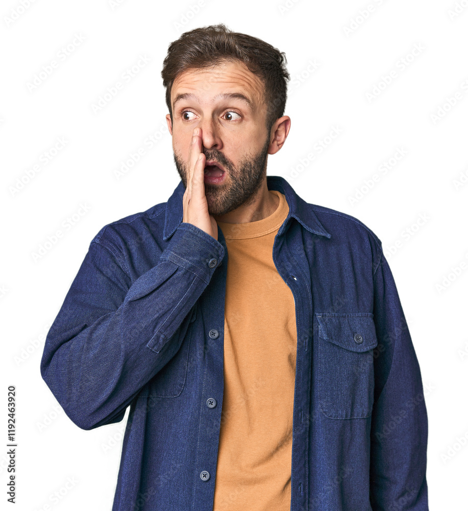 Studio portrait of young Hispanic male is saying a secret hot braking news and looking aside Studio portrait of young Hispanic male is saying a secret hot braking news and looking aside