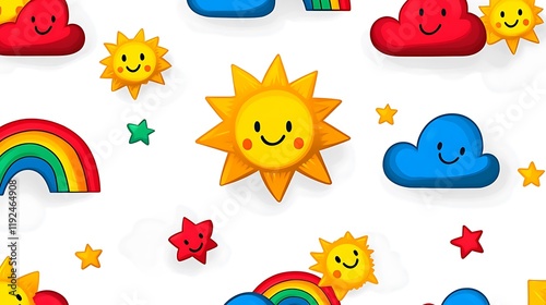 Whimsical Vector Pattern with Clean Red Clouds and Bright Sun