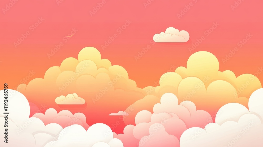 Fototapeta premium Dreamy Pink and Orange Sunset Sky with Fluffy Clouds and a Flying Bird, Vector Illustration.