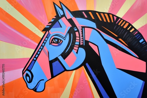 Colorful horse mural artwork featuring vibrant shades of blue and pink against a radiant background. Contemporary art style showcasing equine beauty and creativity. photo