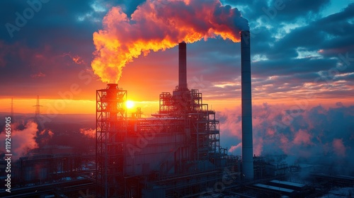 Industrial Power Plant at Dusk with Smokestacks Emitting Orange and Grey Smoke Against a Dramatic Sunset Sky with Cloud Patterns