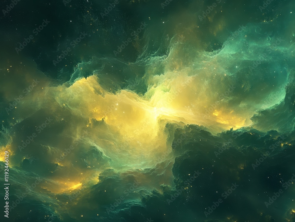 Obraz premium Ethereal Nebula Abstract with Gold and Green Hues, Cosmic Cloudscape Texture