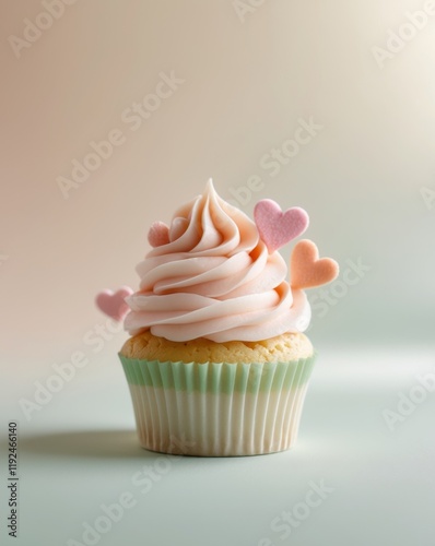 Sweet cupcake with pink frosting and heart decorations on a soft pastel background photo