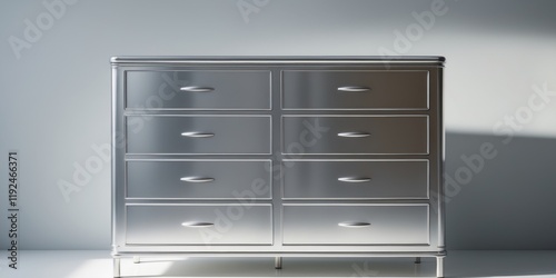 A silver metal dresser with four drawers photo