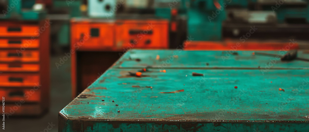 Industrial tools on worn surfaces in a workshop setting showcasing practical design elements Industrial tools on worn surfaces in a workshop setting showcasing practical design elements