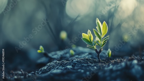 Close-up of Vibrant New Plant Growth Emerging from Dark Soil with Soft, Defocused Background.