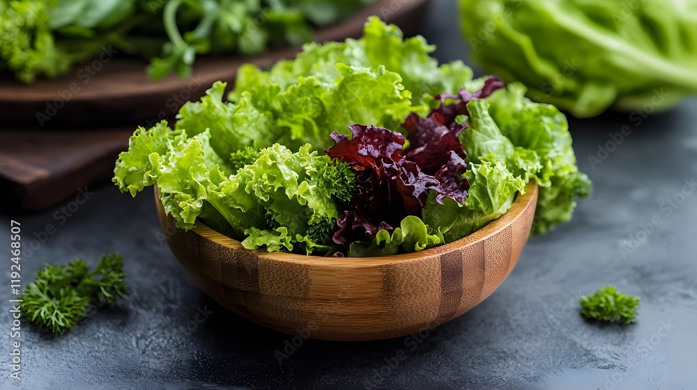 Fresh Green Salad in Wooden Bowl with Red Lettuce Fresh Green Salad in Wooden Bowl with Red Lettuce