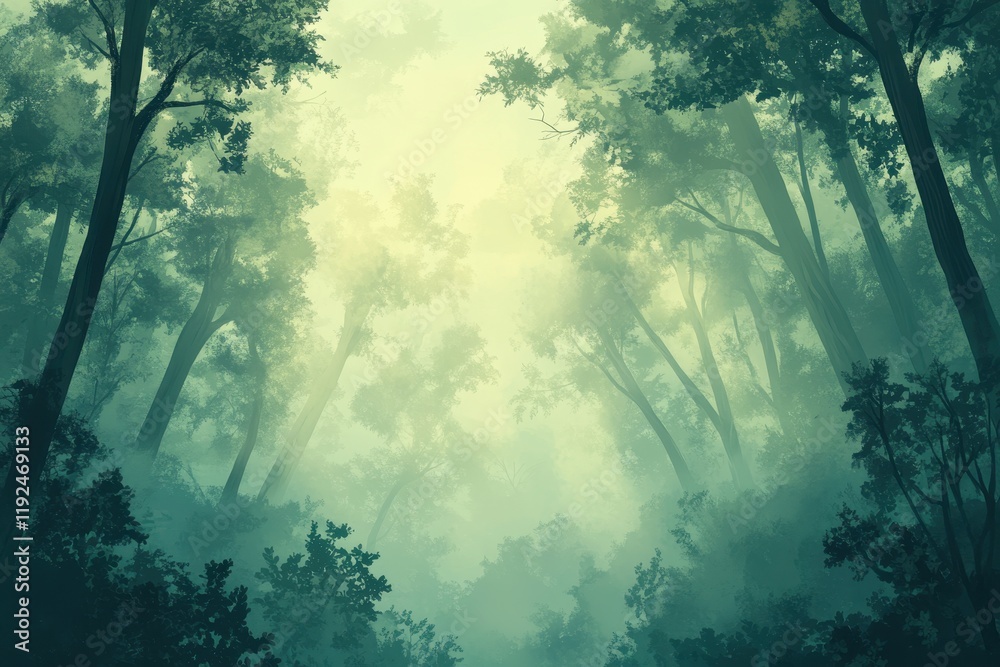 Obraz premium Mystical Foggy Forest with Light Streaming Through Tall Trees, Nature Background.