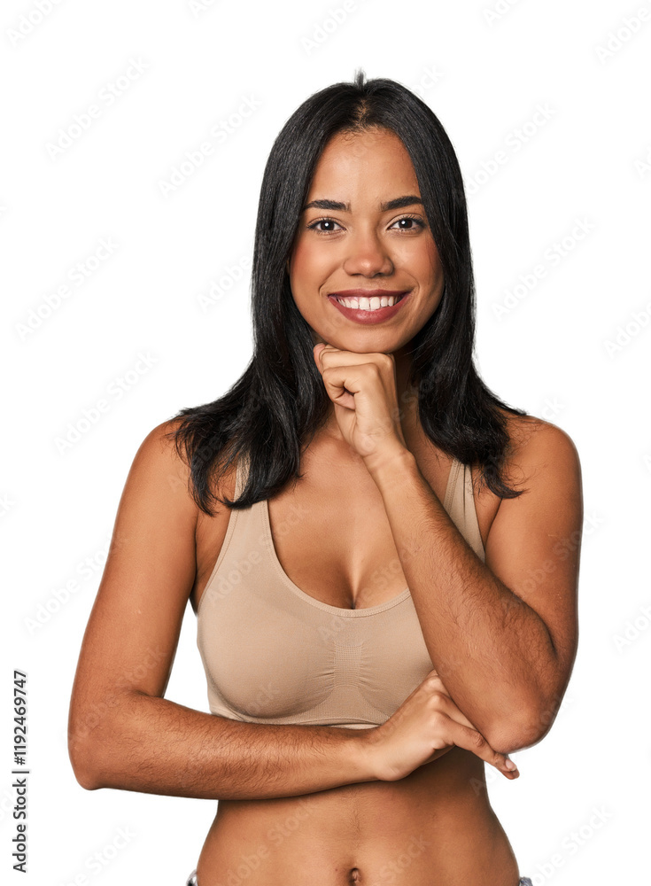 Young Filipino woman in light wear smiling happy and confident, touching chin with hand. Young Filipino woman in light wear smiling happy and confident, touching chin with hand.