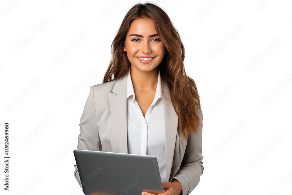 Professional woman in business attire, holding laptop, isolated on transparent background, corporate portrait, stock photo Professional woman in business attire, holding laptop, isolated on transparent background, corporate portrait, stock photo