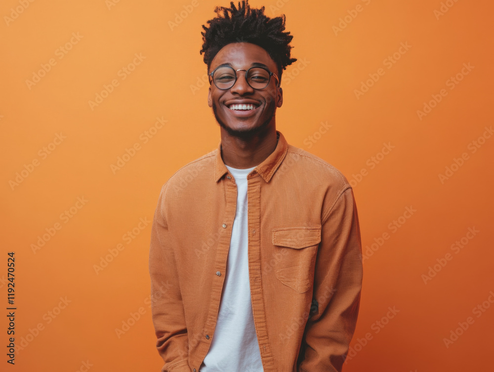Portrait of a smiling man in her 20s standing on a solid color background, luminous, casual cloth Portrait of a smiling man in her 20s standing on a solid color background, luminous, casual cloth