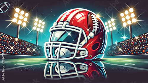 A flat-style close-up of a football helmet with reflections of the field and crowd lights 