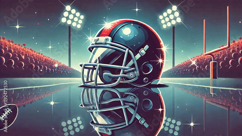 A flat-style close-up of a football helmet with reflections of the field and crowd lights 