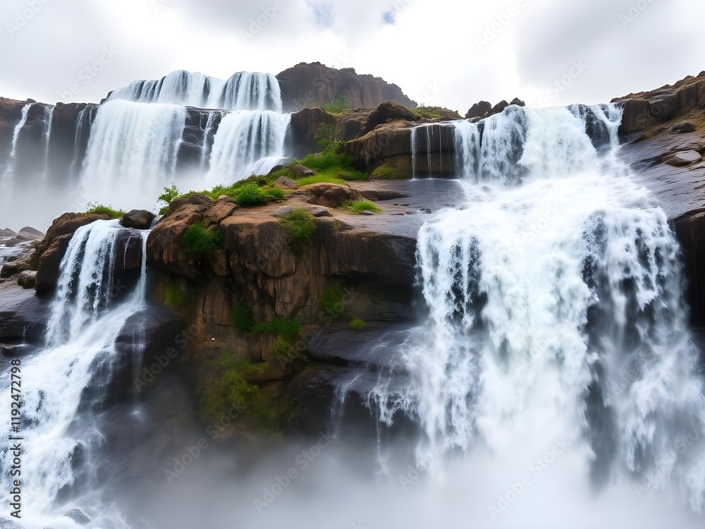 Majestic Waterfall Cascading Through Rocky Cliffs Majestic Waterfall Cascading Through Rocky Cliffs