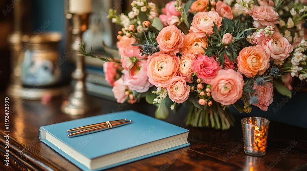 Obraz premium Elegant floral arrangement and stationery on a wooden table in a cozy, well-decorated room