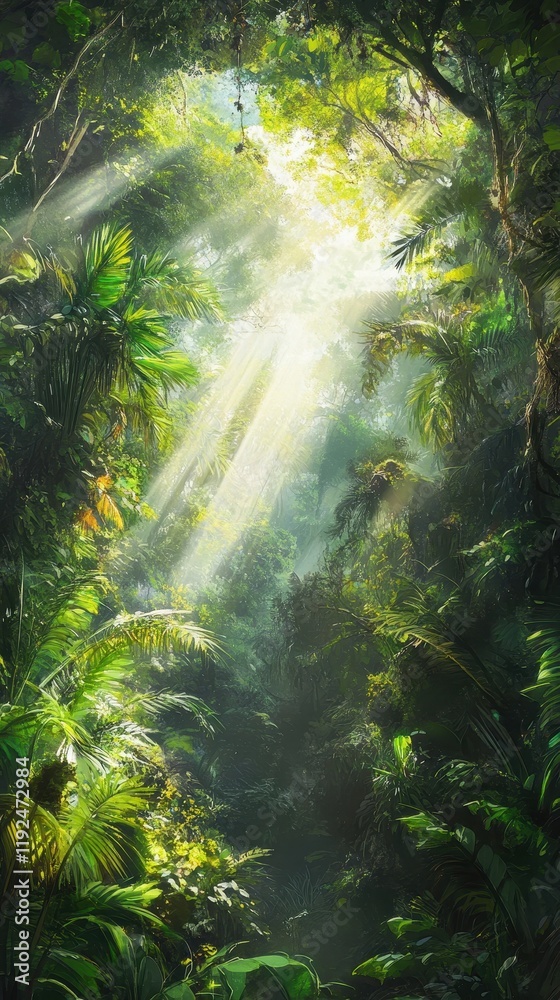 Obraz premium Sunlit Jungle Canopy with Lush Vegetation and Ray of Light.