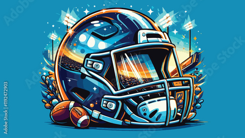 A flat-style close-up of a football helmet with reflections of the field and crowd lights 