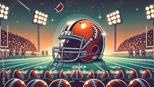 A flat-style close-up of a football helmet with reflections of the field and crowd lights 
