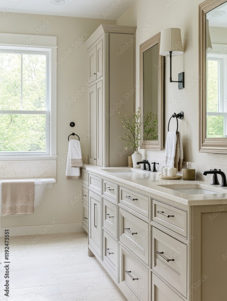 Fototapeta premium Elegant Neutral Bathroom Vanity With Double Sinks And Linen Cabinet