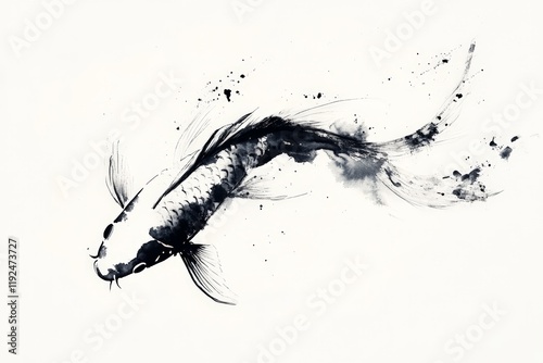 Koi fish swimming gracefully in ink wash art, showcasing traditional Japanese aesthetics and tranquil beauty for home decor or wellness themes.