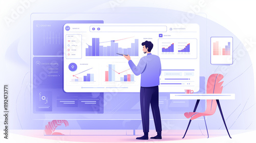 Person Interacting with Data Visualizations on Whiteboard in Modern Office, Digital Flat Illustration for Website