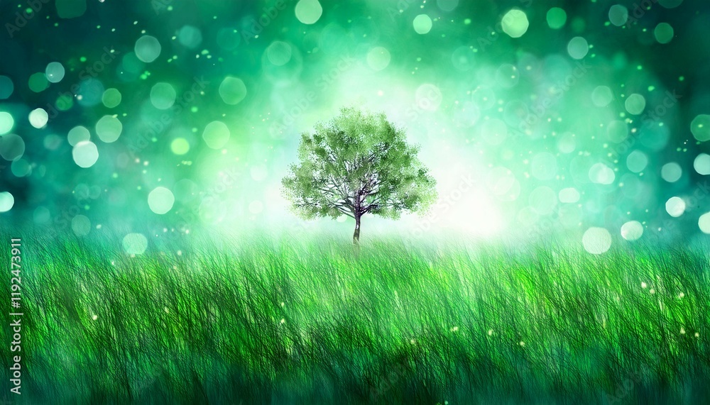 Obraz premium 美しい草原と木の風景画(緑)