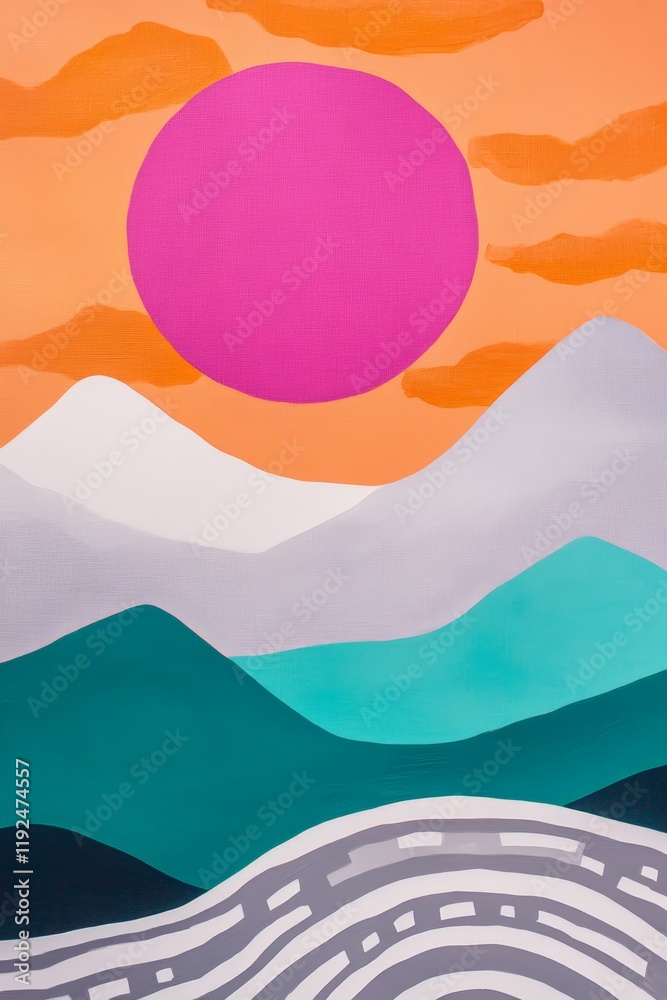 Fototapeta premium Landscape with colorful mountains, vibrant sun and abstract scenery, showcasing natures beauty, artistic expression and modern design elements for backgrounds.