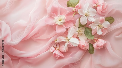 Beautiful pink and white rose blossoms in close-up detail, showcasing the delicate petals of spring's floral beauty photo