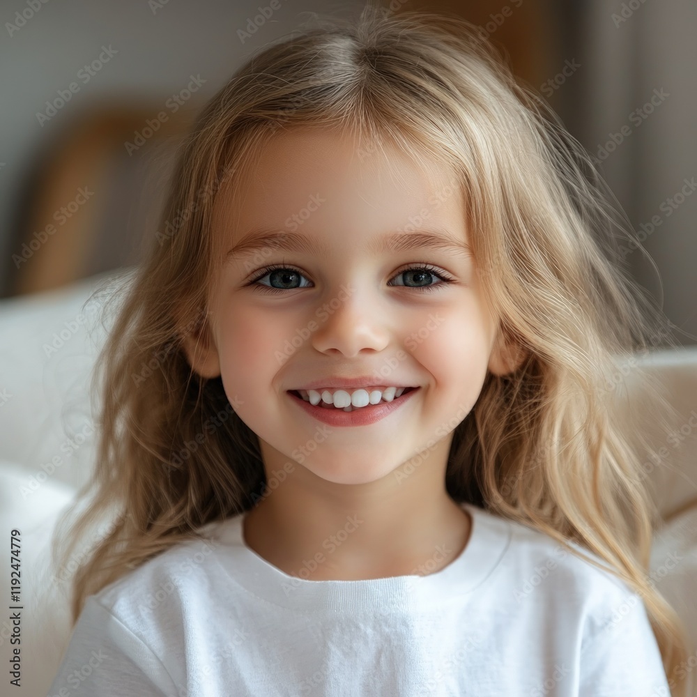 Portrait of a happy little girl with long blonde hair and a bright smile, wearing a white shirt. Portrait of a happy little girl with long blonde hair and a bright smile, wearing a white shirt.