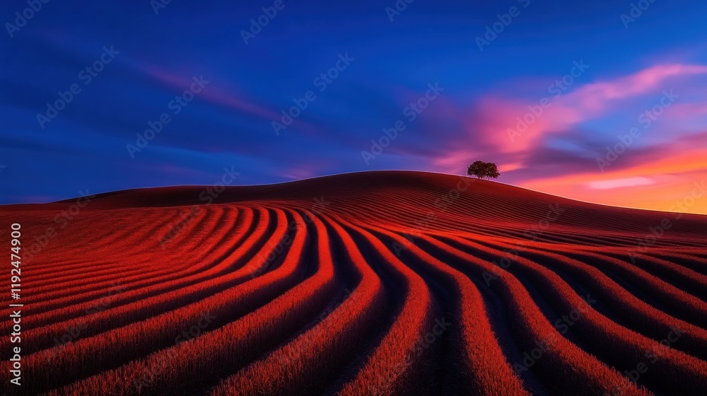 Naklejka premium Crimson Sunset Over Rolling Hills