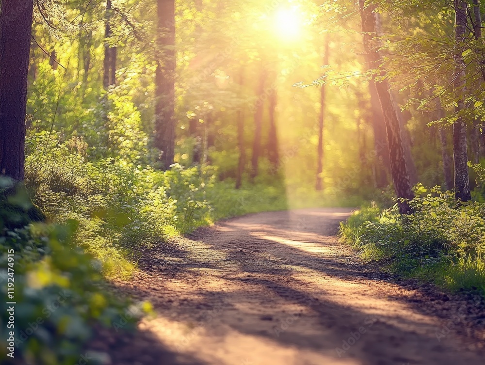 Obraz premium Sunlit Forest Path Magical Summer Woodland Trail with Golden Hour Light and Lush Greenery