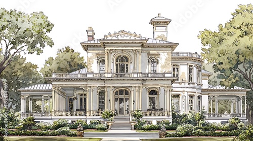 Watercolor Illustration of a Grand Victorian Mansion with Lush Landscaping.