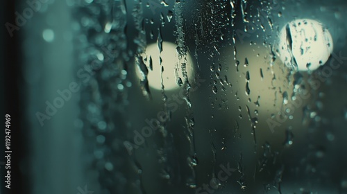 Raindrops on Glass with Soft Focus Background Light Effects photo