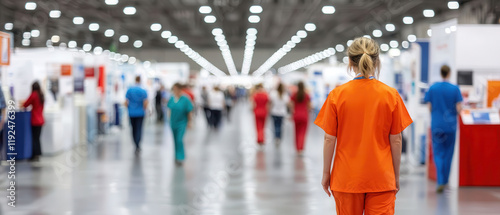 healthcare professional in orange scrubs walks through bustling health expo