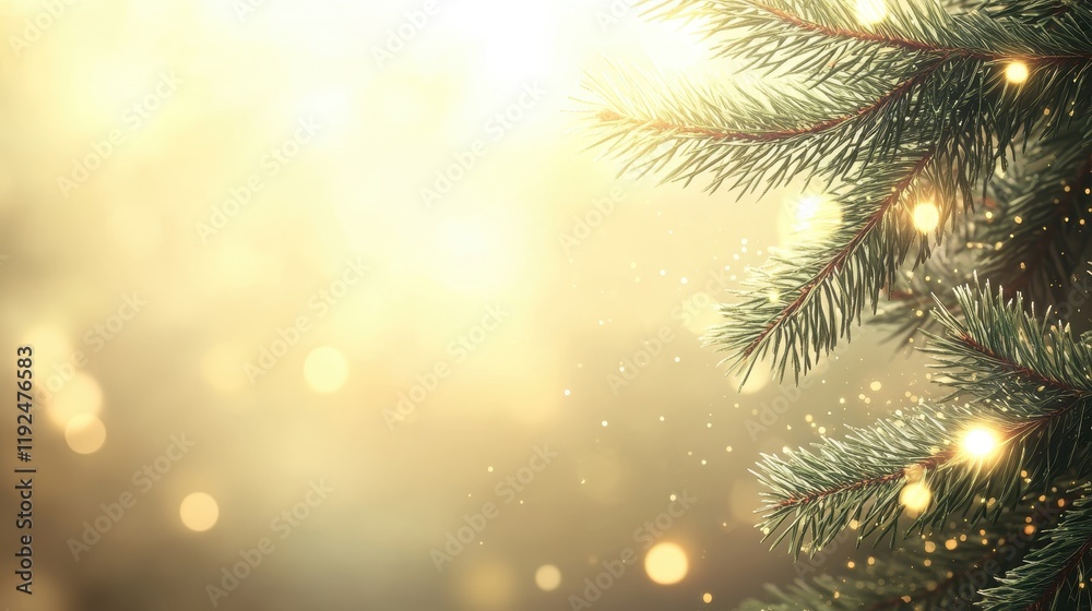 Festive Pine Branches with Golden Bokeh Lights on a Warm Background. Festive Pine Branches with Golden Bokeh Lights on a Warm Background.